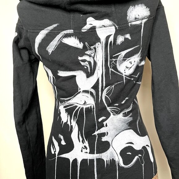 RARE Lauren Moshi Drama Face Hoodie Size XS Black Fringe Cotton Goth Distressed - Picture 9 of 16